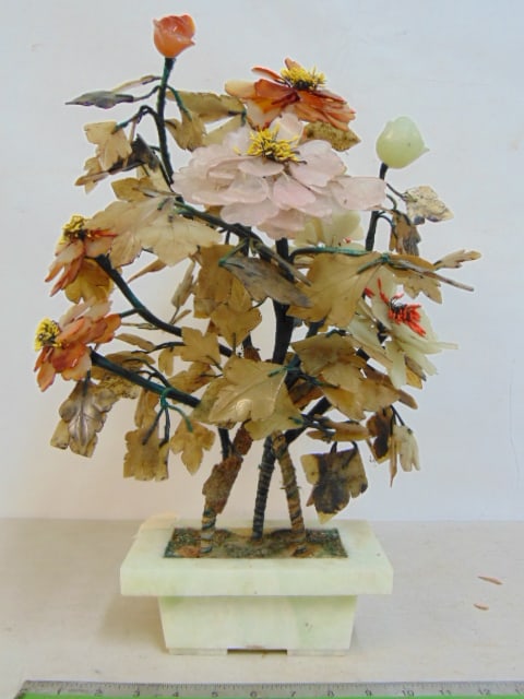 Jade flowering tree in planter, various crystal, quartz & jade flowers, height is 17" (1 of 4)