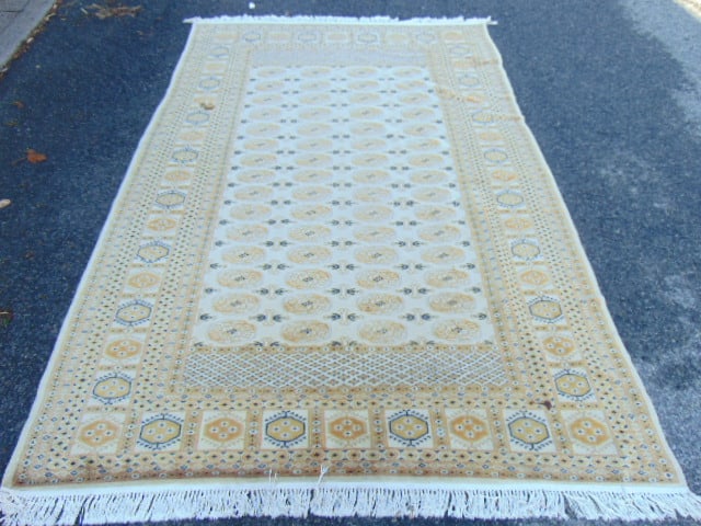 Carpet, beige brown Bokhara, wool & silk, light colored, has small stain, rug is 6'3" by 9'3" (1 of 6)
