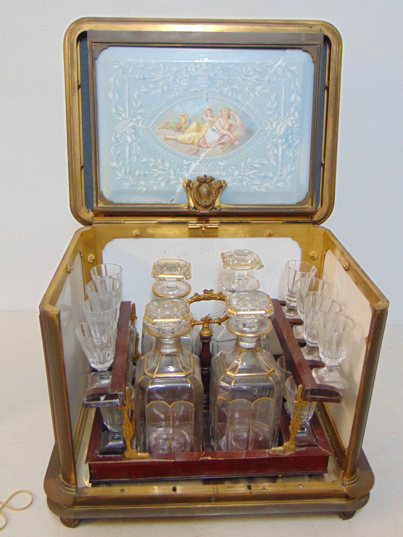 Baccarat Tantalus, bronze with paint decorated milk glass front, sides & back, mirrored top, front (1 of 11)