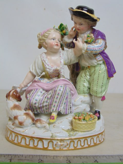 Meissen porcelain figurine summer season group, boy & girl with basket with apples by apple tree, (1 of 6)
