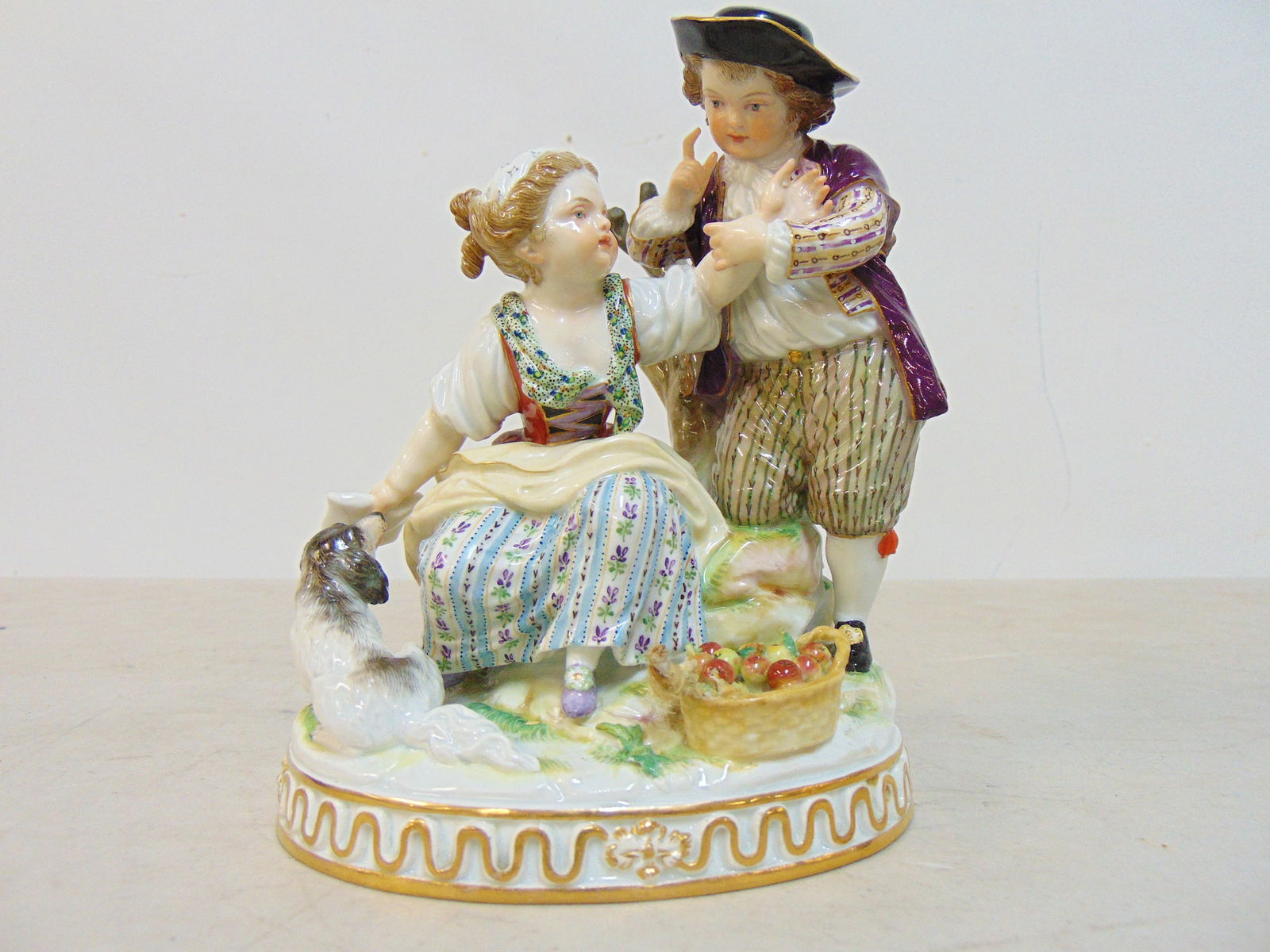 Meissen figurine Summer Season group, man & woman with small dog, apple basket, signed, height is 6 (1 of 8)