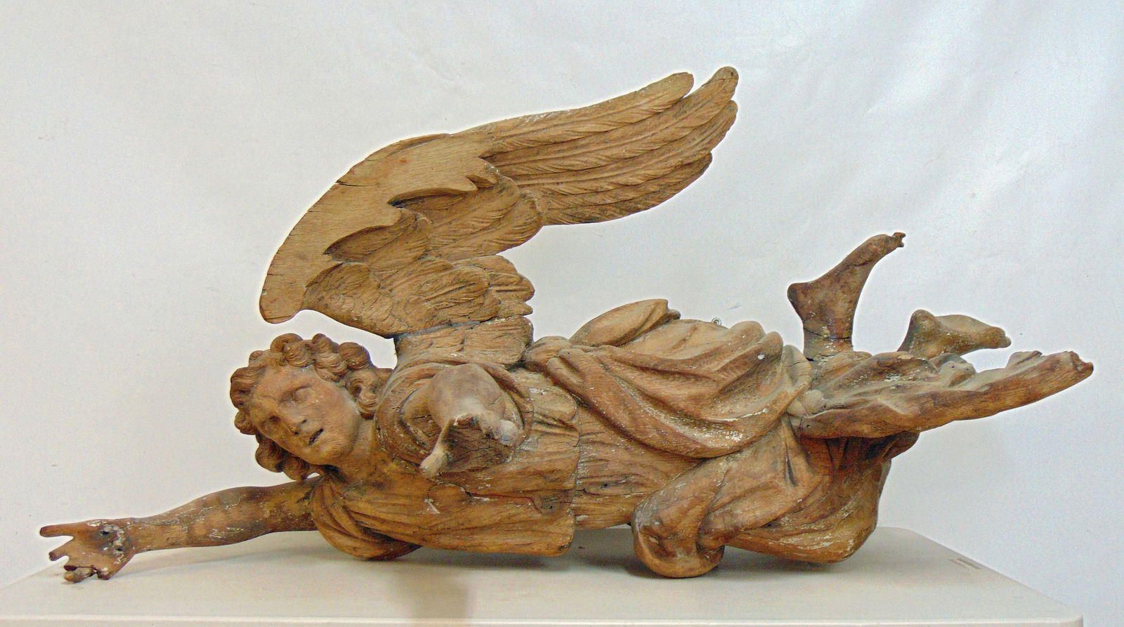Early carved wood Italian winged angel, some loss, possibly 18th. Century, angel is 56" long, height (1 of 11)