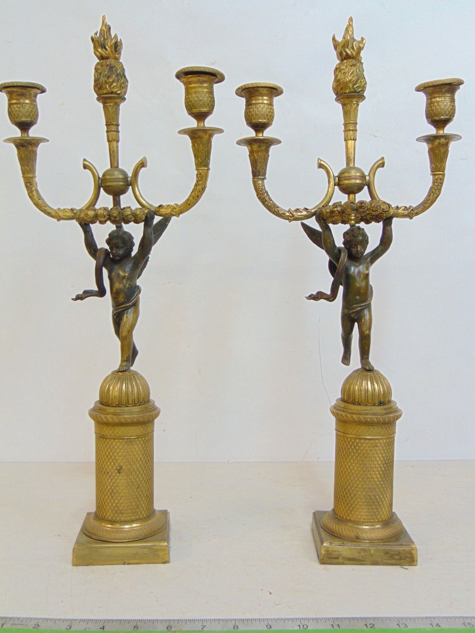 Pair bronze Empire candelabra on winged figure bases, one wing is loose (needs tiny screw, not (1 of 7)