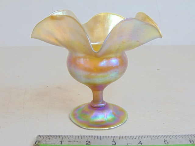 LCT Tiffany art glass bowl, 4.5" wide, height is 4.75" tall, good condition, signed LCT: LCT Tiffany art glass bowl, 4.5" wide, height is 4.75" tall, good condition, signed LCT