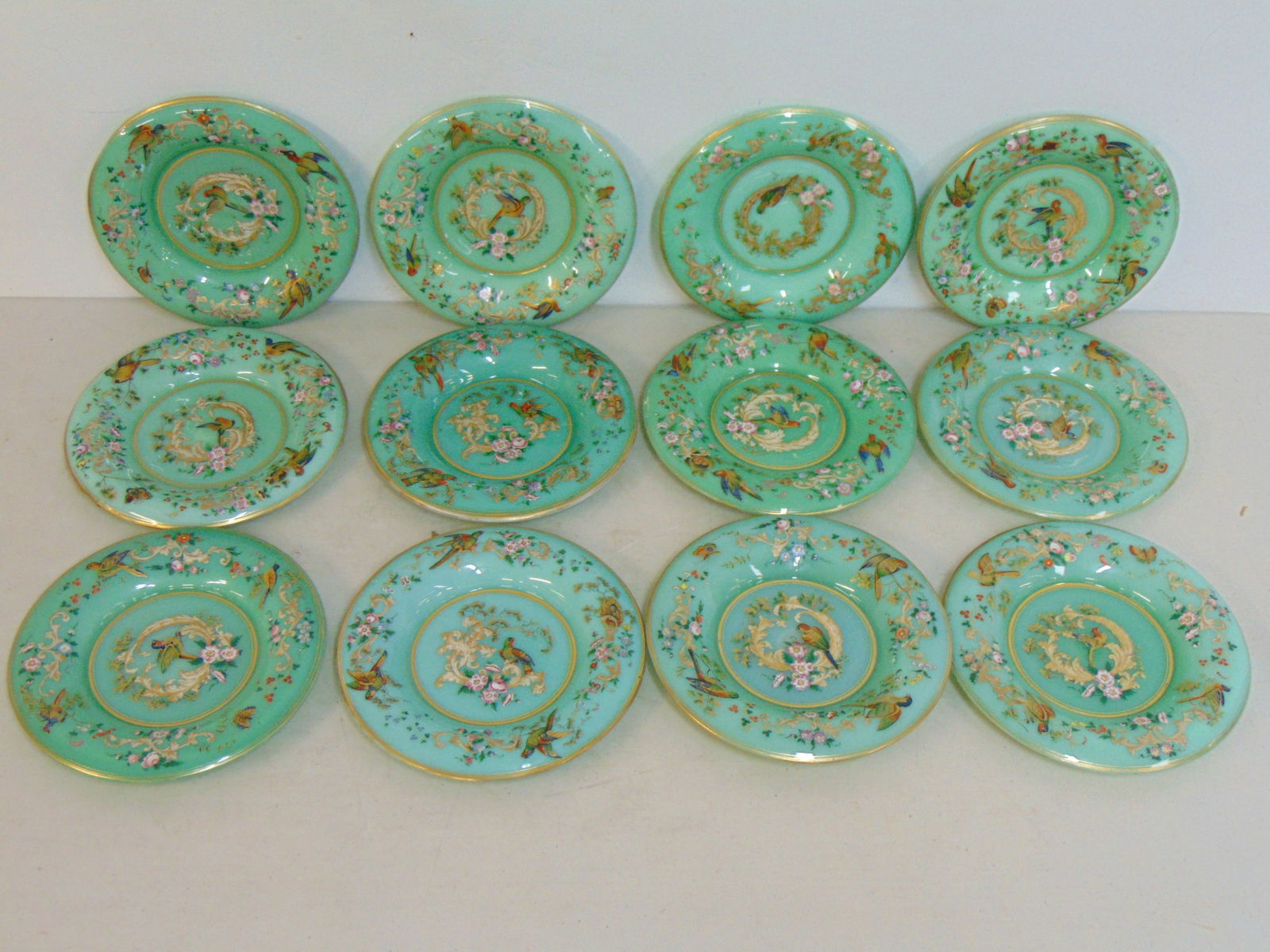 Set of 12 enameled glass decorated plates with exotic bird & floral decorations & gilt accents, each (1 of 9)