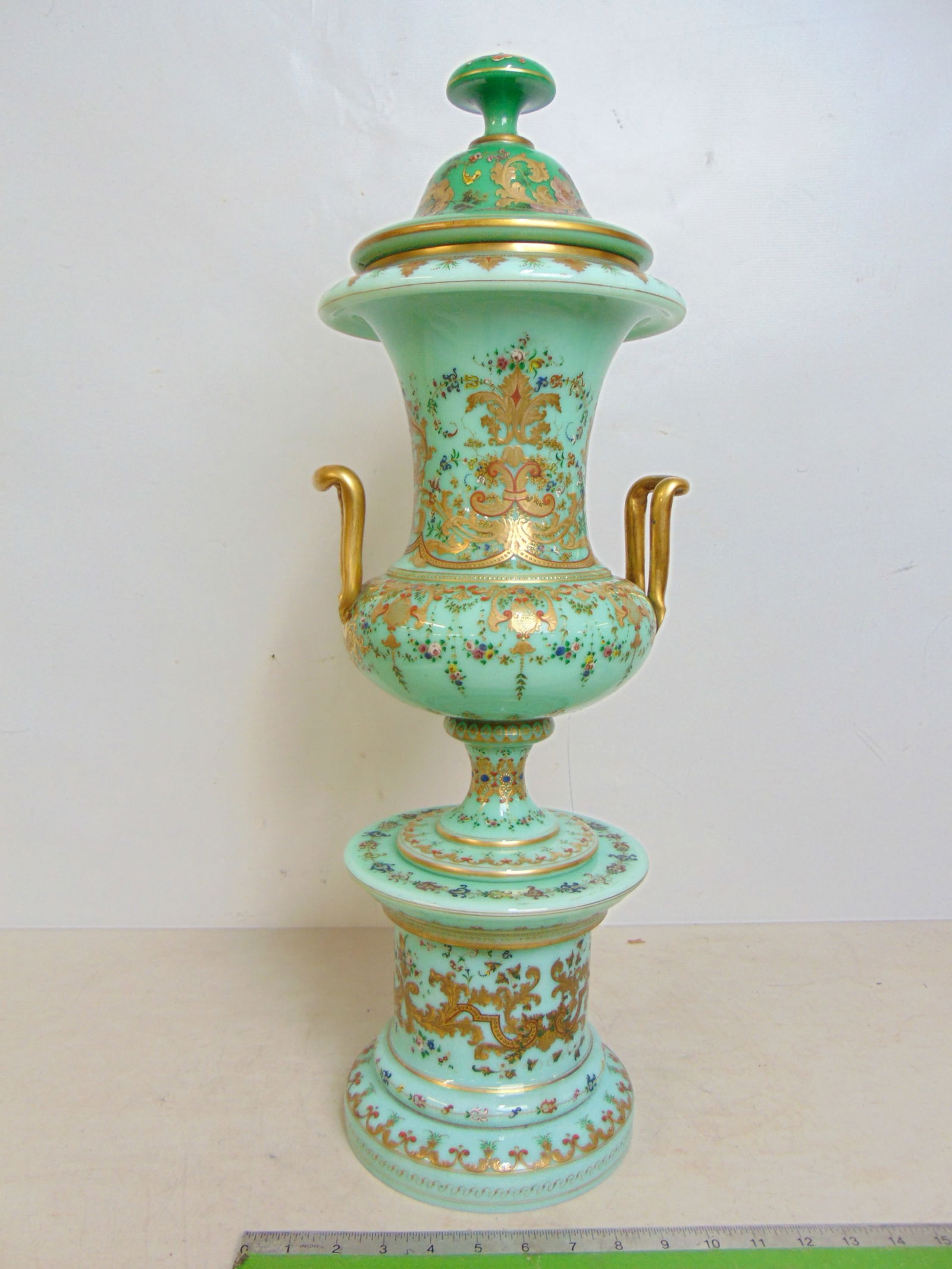 19th Century enameled glass urn on pedestal, green glass with extensive applied gilt floral & exotic (1 of 9)