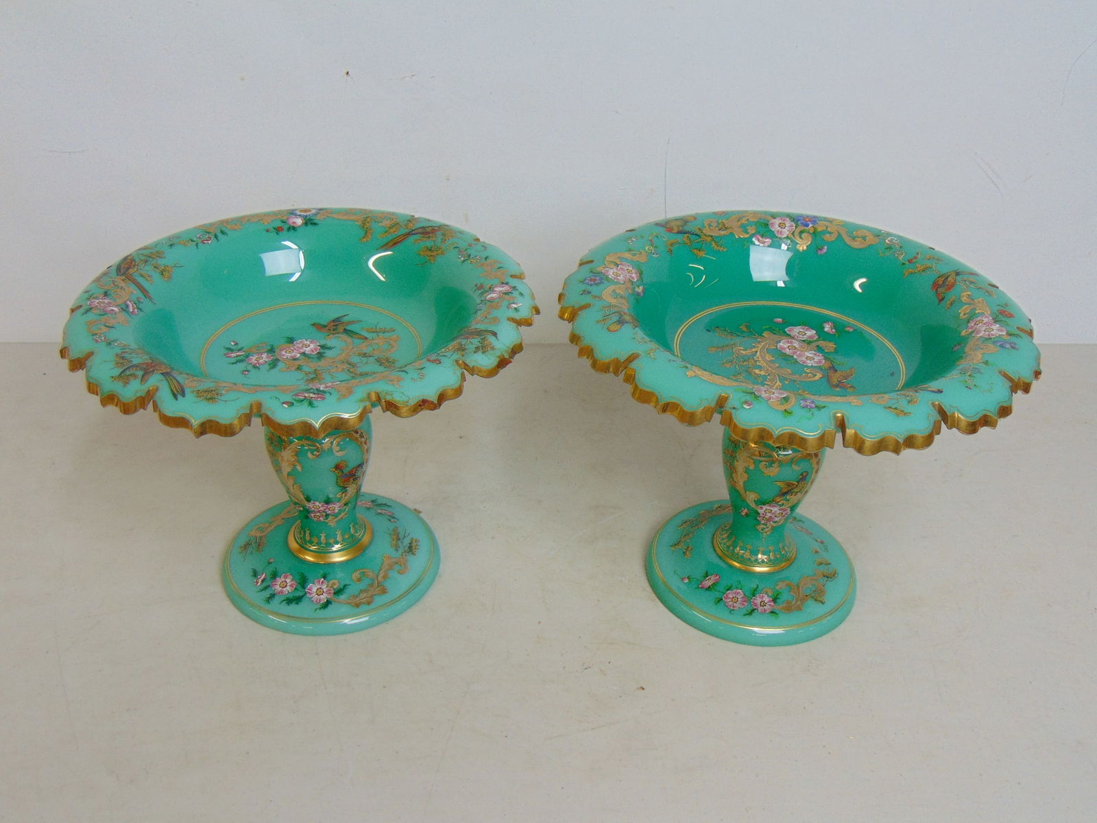 Two enameled glass compotes with bird & floral decorations and gilt accents, mid 19th Century, with (1 of 8)