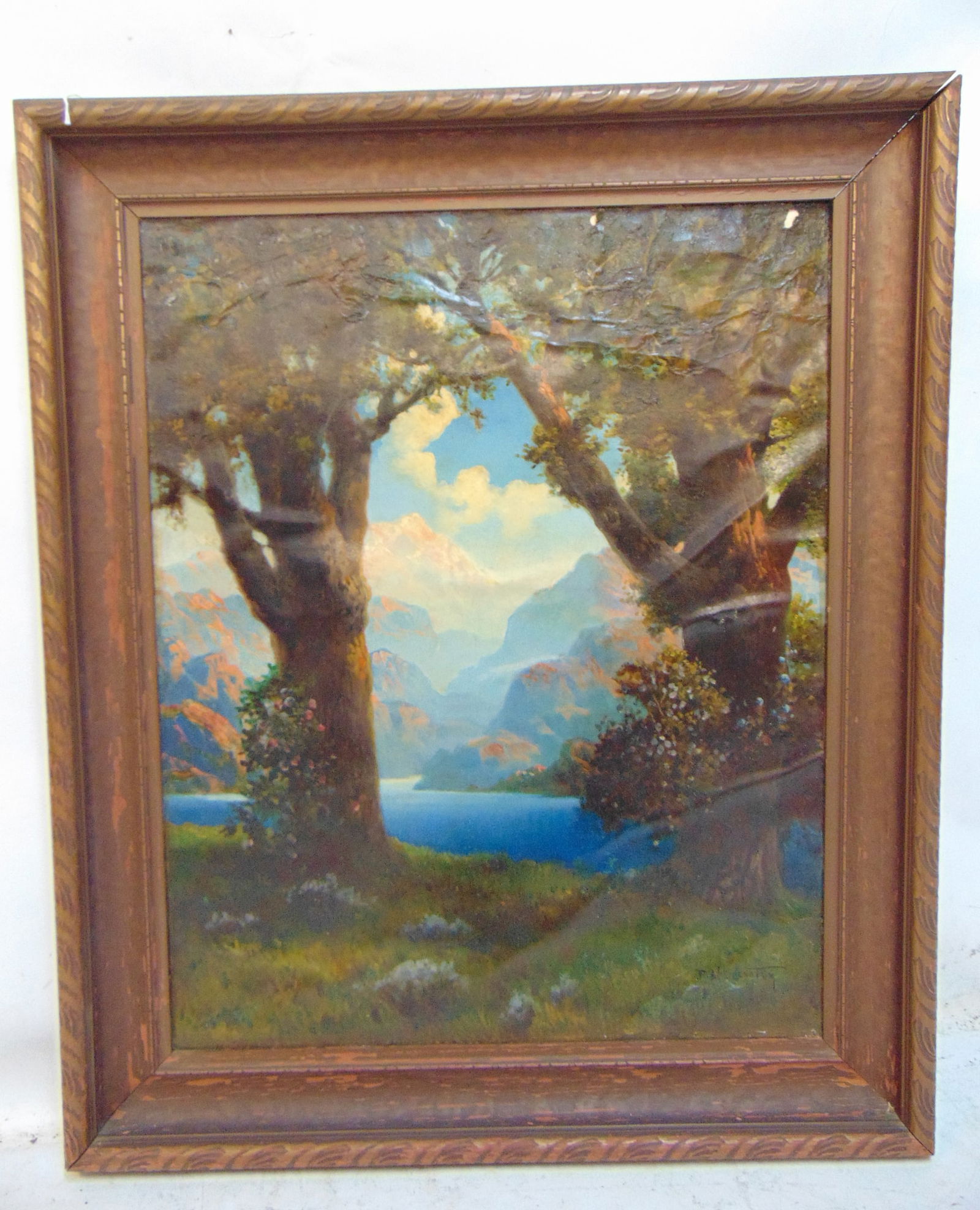 Painting, lake scene landscape, signed R. Atkinson Fox, oil on canvas, manner of Maxfield Parrish, (1 of 7)