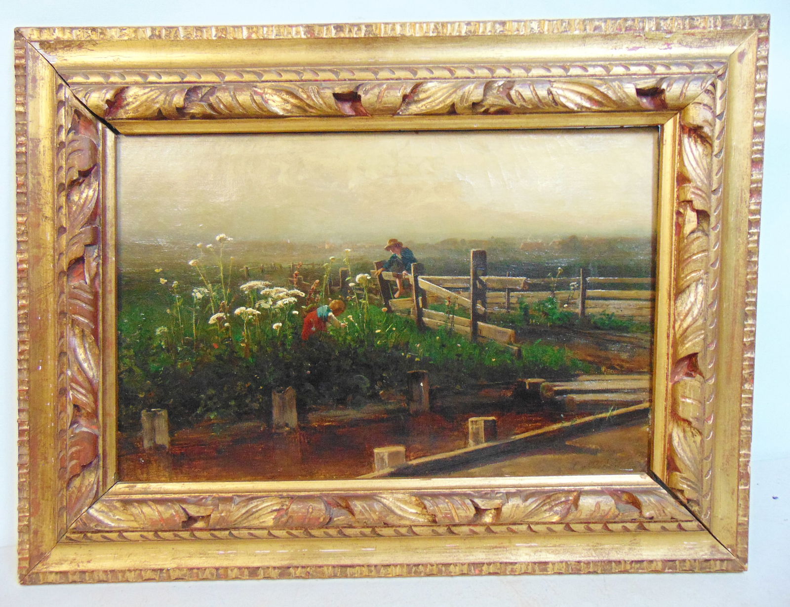 Painting, children on fence in landscape, signed Lena von Perbandt (spelled Perbrandt on label on (1 of 9)