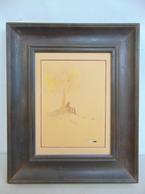 Painting, Native American resting under tree, Robert Redbird, watercolor, 9 6/8" by 7 1/8" (1 of 4)