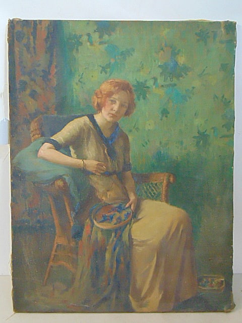 Painting, lady with needlework, Ivan G. Olinsky, oil on canvas, 30" by 23" (1 of 6)