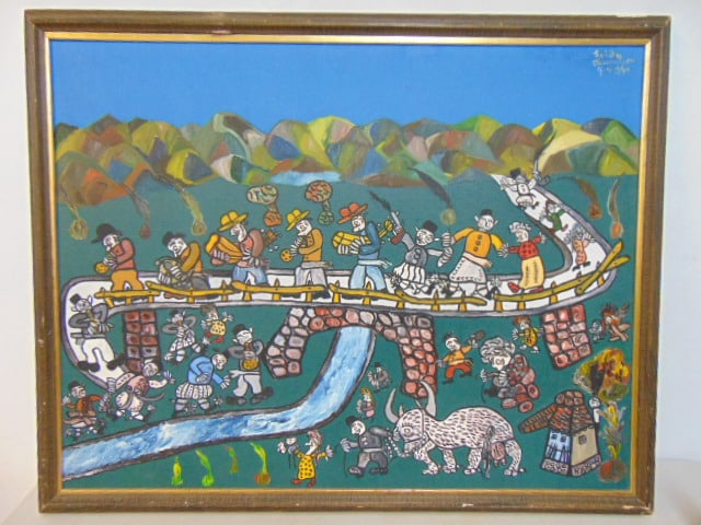 Painting, "Die Brucke" signed illegibly, oil on canvas, with label on reverse "Gallerie fur Naive (1 of 7)