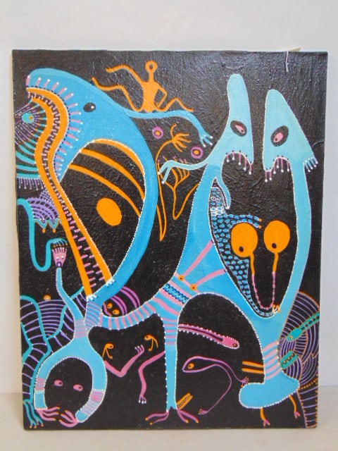 Painting, surreal figures, signed Louise Abrams, 1977, oil on canvas, 30" by 24": Painting, surreal figures, signed Louise Abrams, 1977, oil on canvas, 30" by 24"