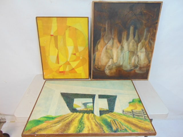 3 paintings, abstract scene signed Rick Lewis 1954, oil on canvas, 24" by 18"; concrete overpass in (1 of 8)