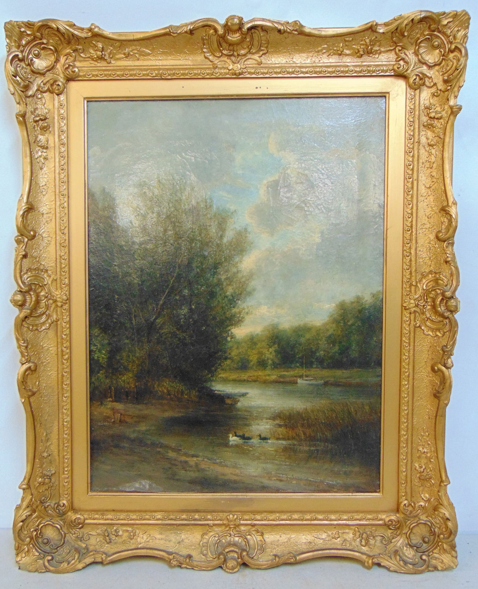 Painting, landscape with sailboat and ducks in small river , unsigned, oil on canvas, canvas is 24" (1 of 7)