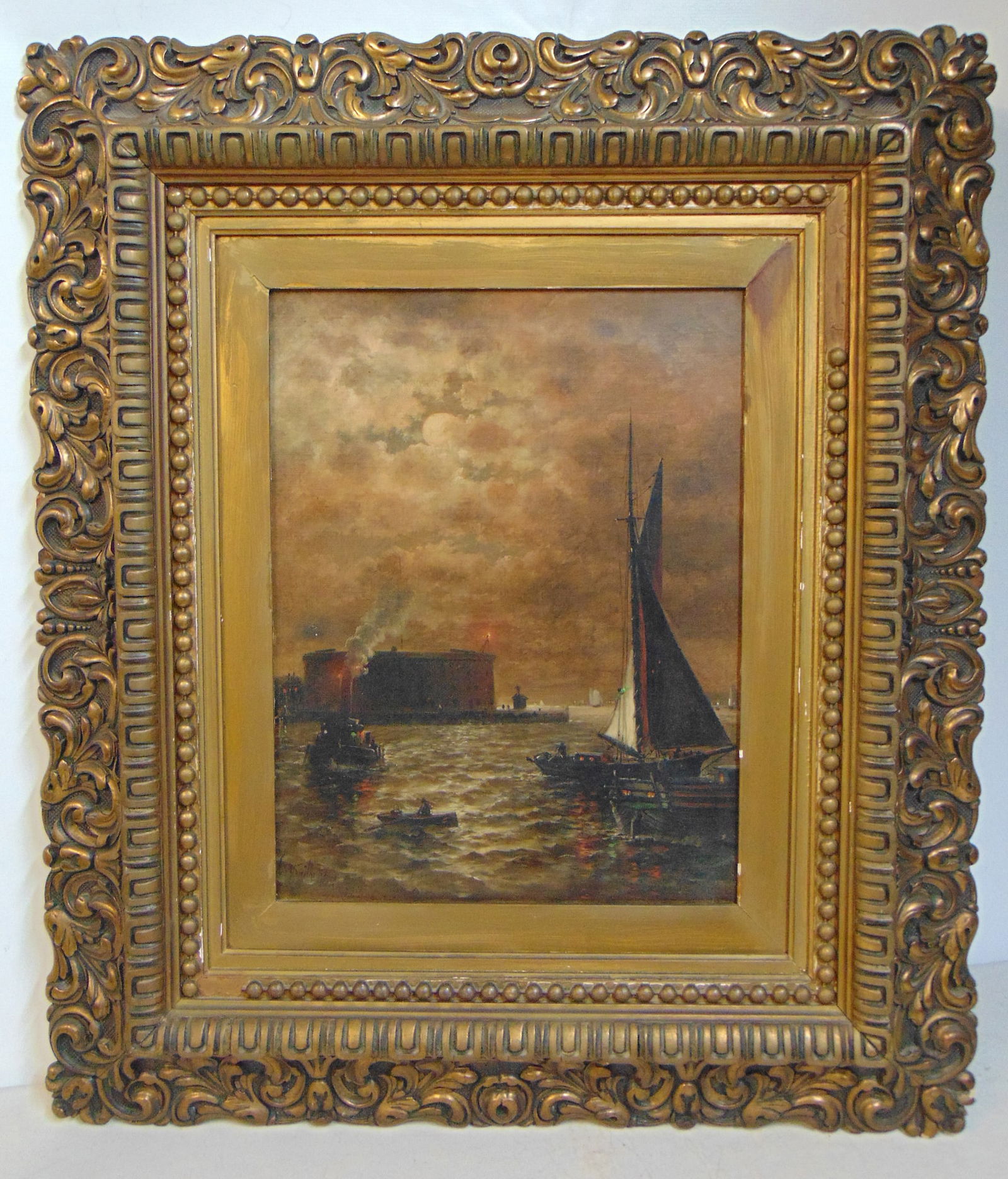 Painting, Nocturnal New York Harbor scene, signed Granville Perkins, showing Governors Island with (1 of 9)
