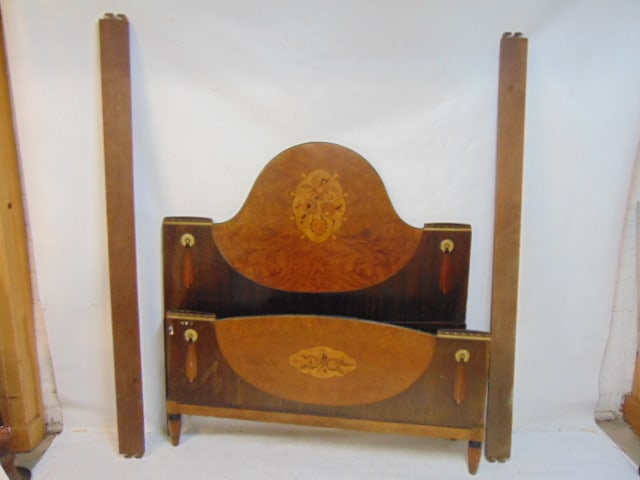 1920's art deco bed, rosewood & burl wood, inlaid detail, decorative carved tassels on headboard, (1 of 7)