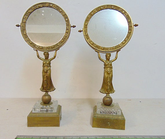 Pair bronze figural base vanity mirrors with glass decorated bases, height is 19.25" (1 of 7)
