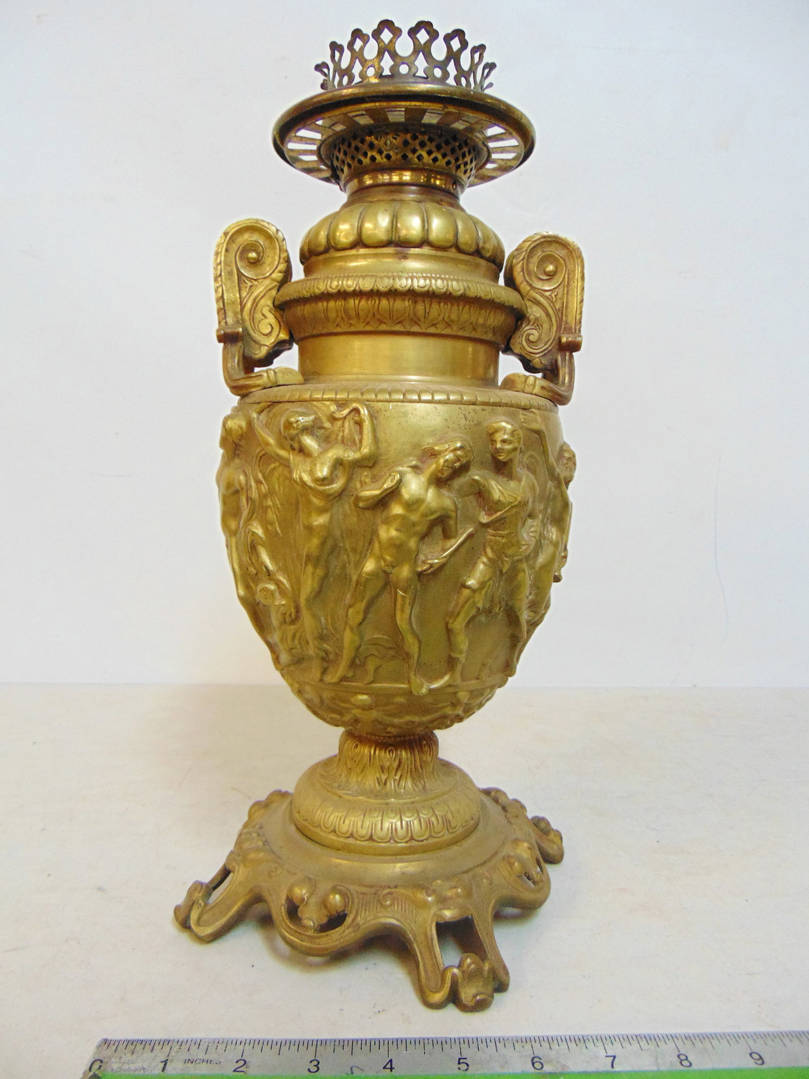 Bronze neoclassical oil lamp base decorated with various figures, no burner, chimney, height is 15" (1 of 5)