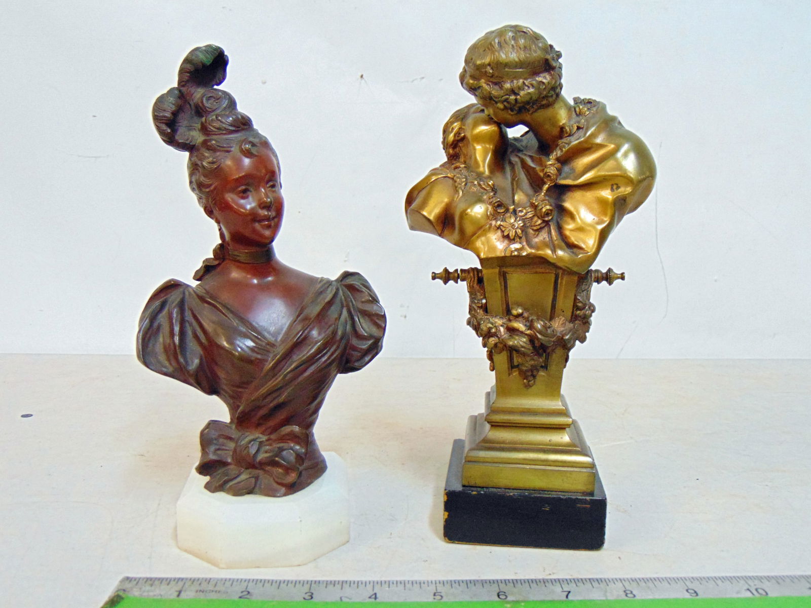 2 bronze statues, bust, The Kiss, after Jean-Antoine Houdon, on pedestal base, height is 9.25", (1 of 9)