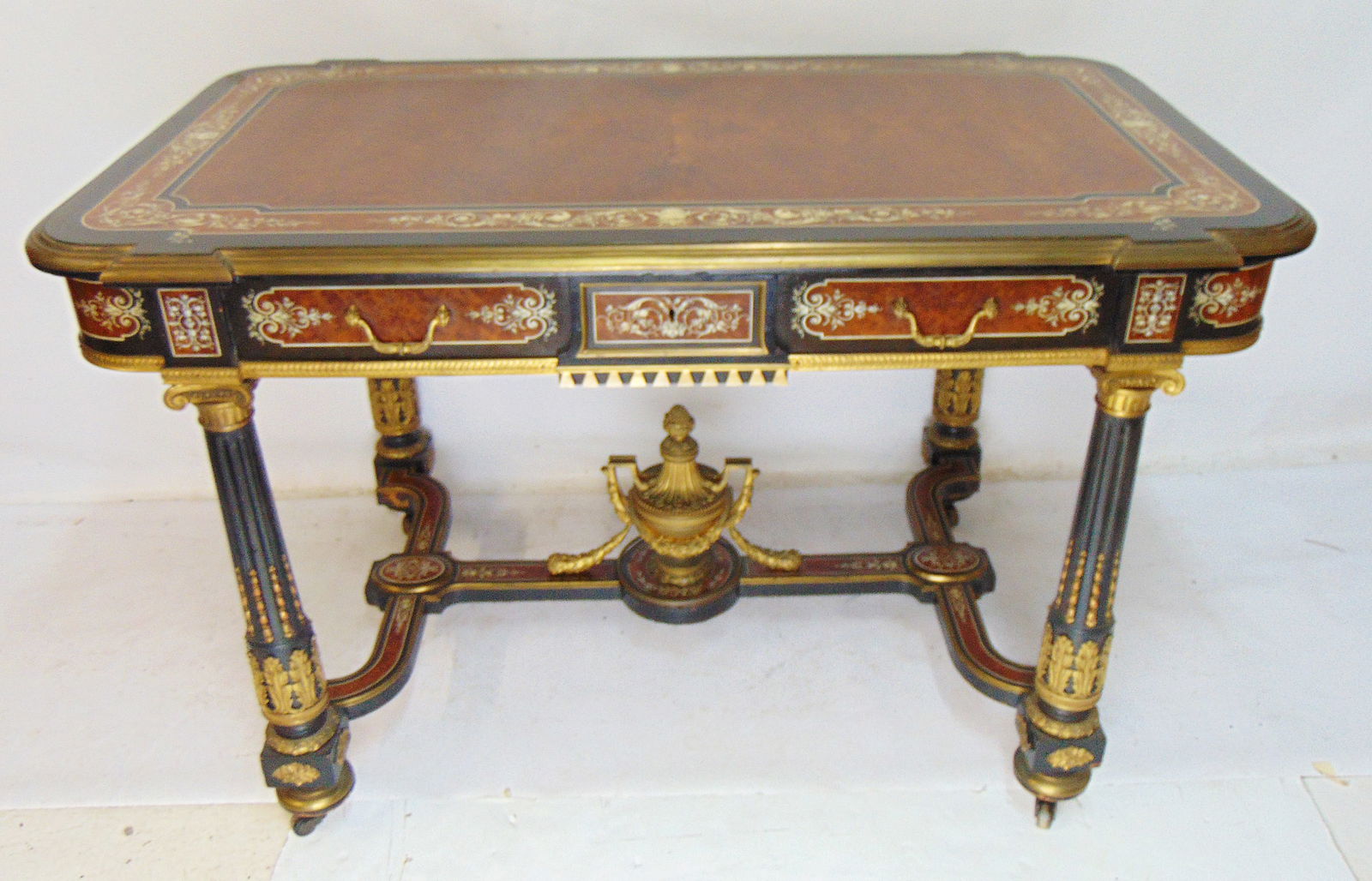 19th Century inlaid bronze mounted French desk, single drawer, extensively decorated with bronze (1 of 13)