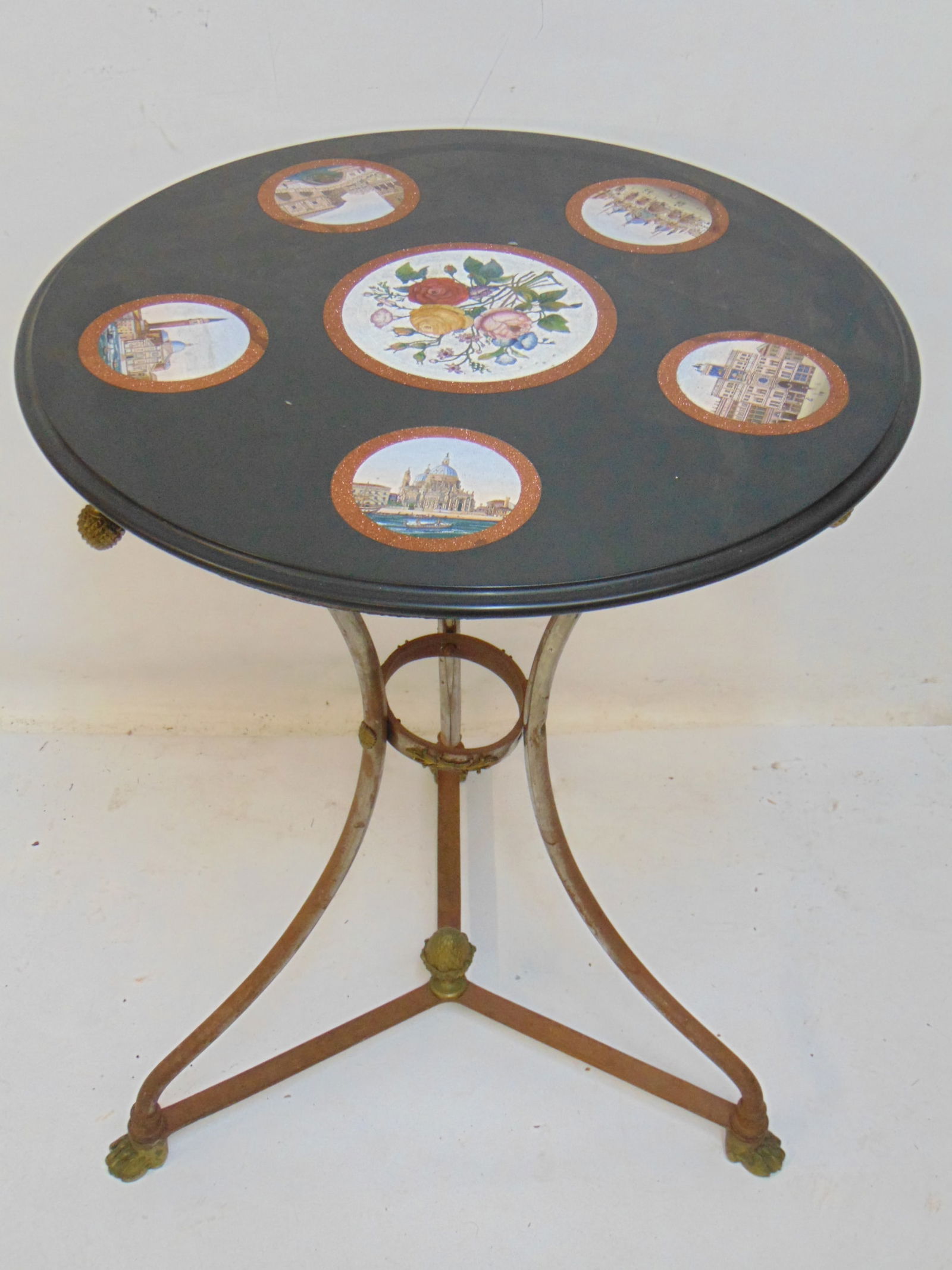 Pietra Dura mosaic inlaid slate top table on iron base with brass feet & finials, micro mosaic (1 of 10)