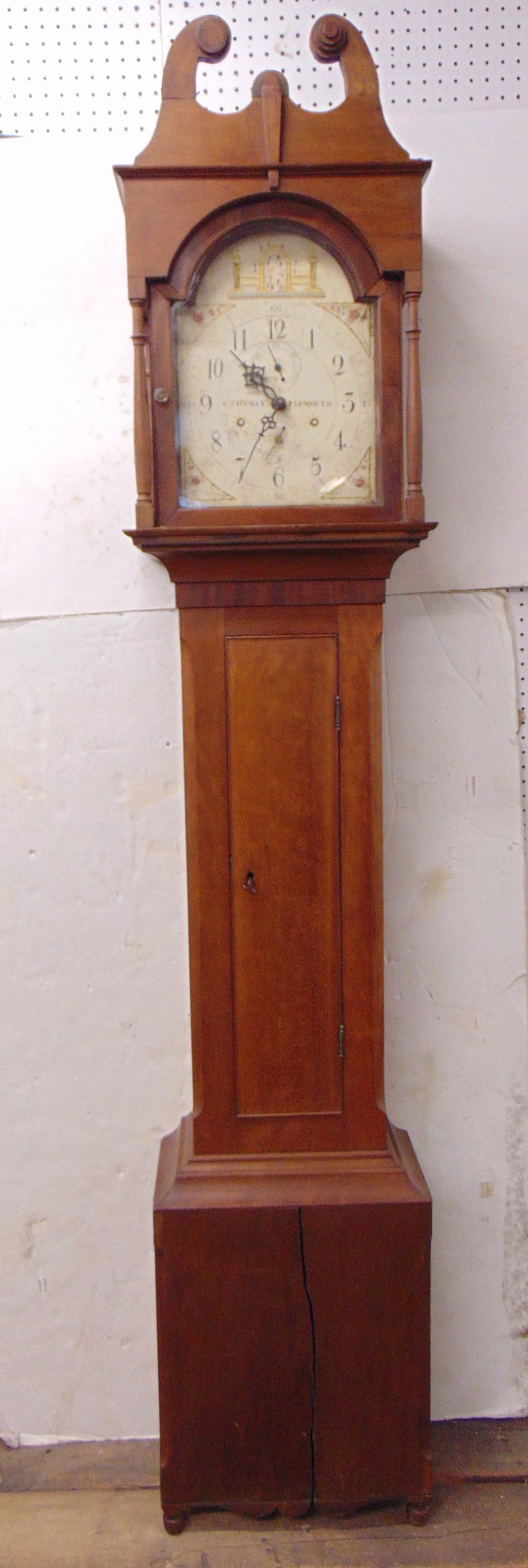 Tall case country clock, S. Thomas, Plymouth, with wooden works, decorative face, clock is 91" tall (1 of 8)