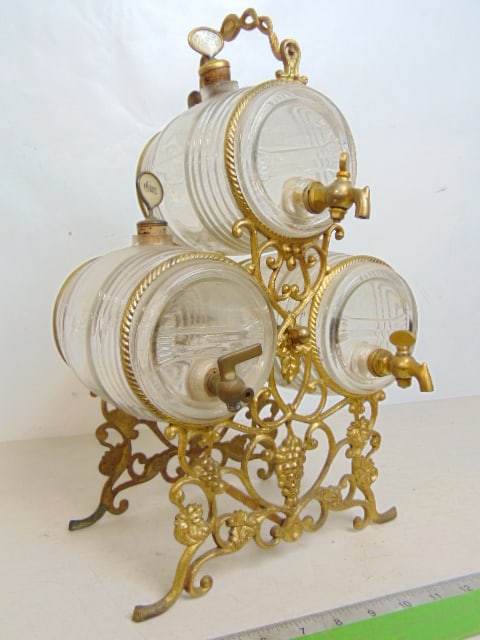 Vintage decanter set with glass liquor "barrels" on decorative bronze frame decorated with grapes, (1 of 6)