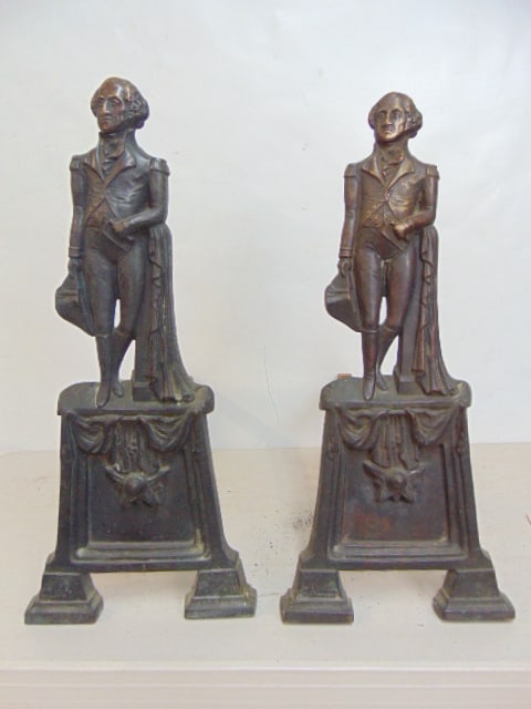 Pair cast bronze George Washington andirons, height 20.75", depth is 20" (1 of 4)