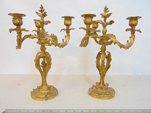 Pair French Louis XV style bronze candelabra, 3 arms each, height is 15": Pair French Louis XV style bronze candelabra, 3 arms each, height is 15"