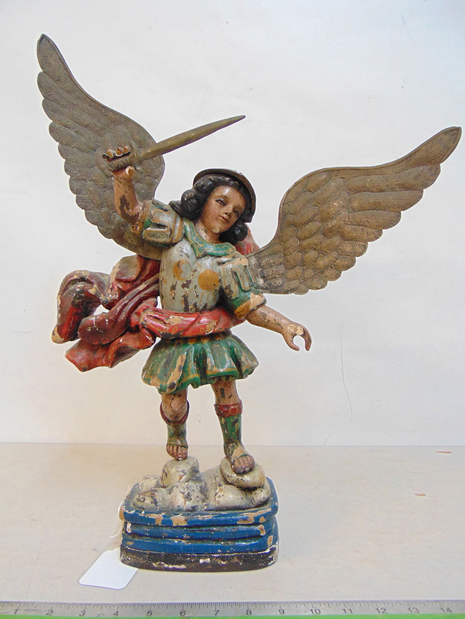 Carved wood polychrome figure of archangel Michael with metal wings, helmet & sword, good colors, (1 of 7)