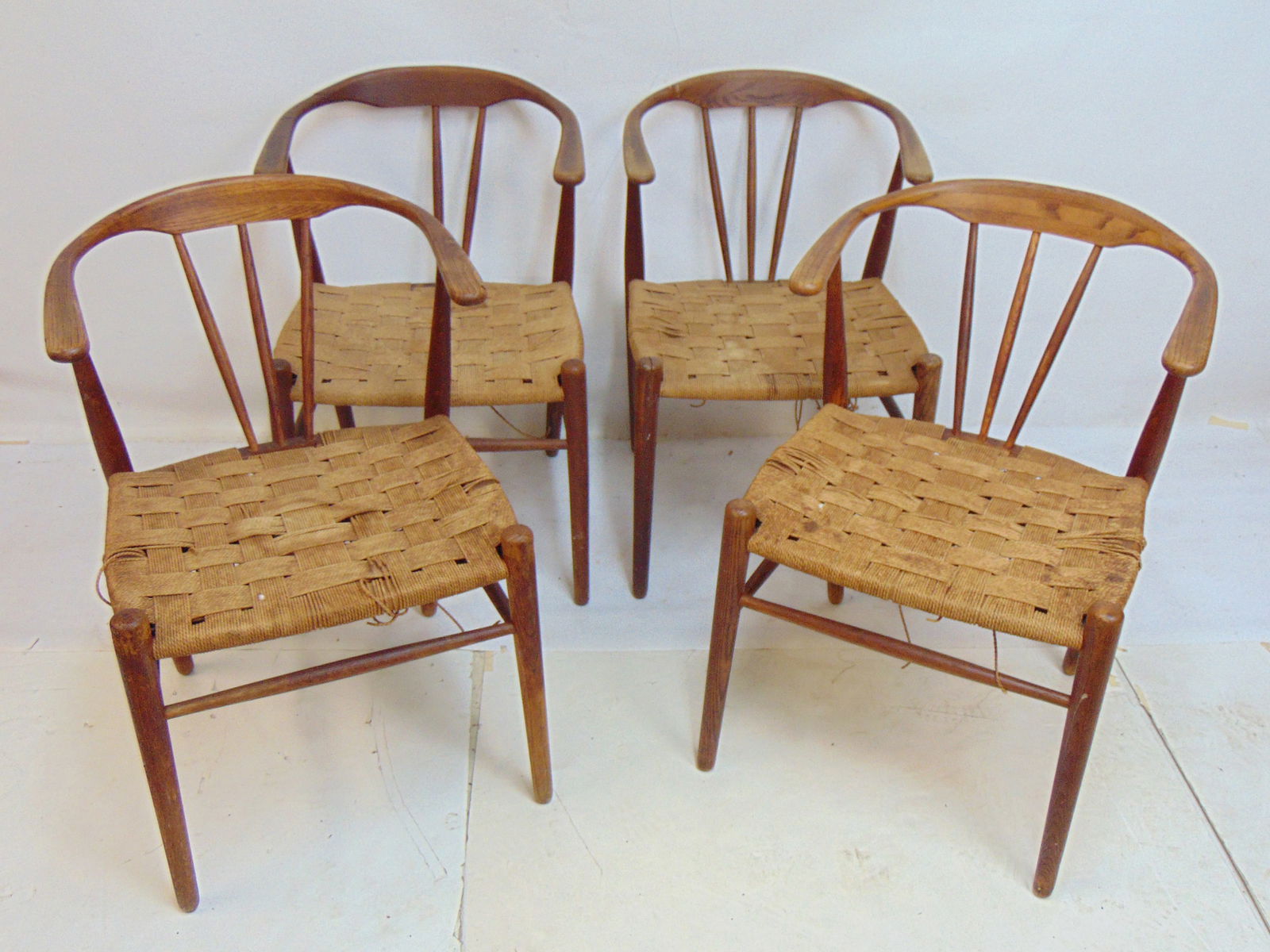 Set 4 N.A. Jorgensens Mobelfabrik, Denmark, Danish armchairs, woven rush seats, one chair missing (1 of 7)