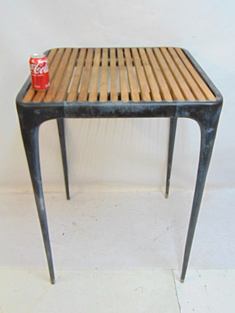 Henry Hall for Reeves design Mid Century slatted top bar table, cast aluminum base, teak top (1 of 4)