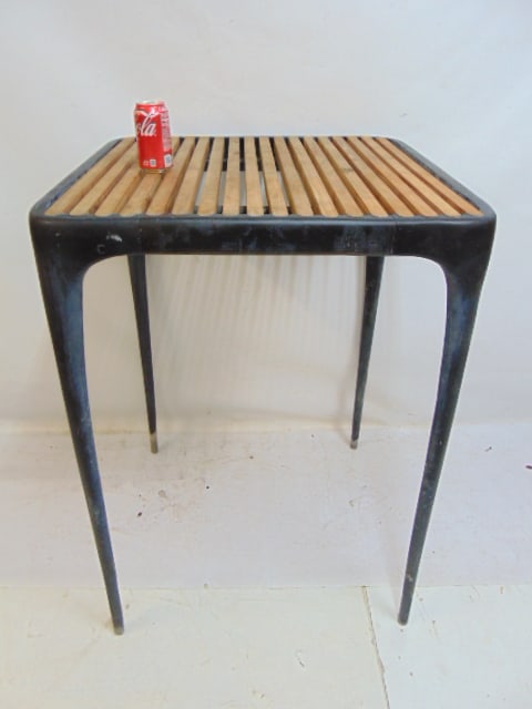 Henry Hall for Reeves design Mid Century slatted top bar table, aluminum base with teak top (1 of 4)