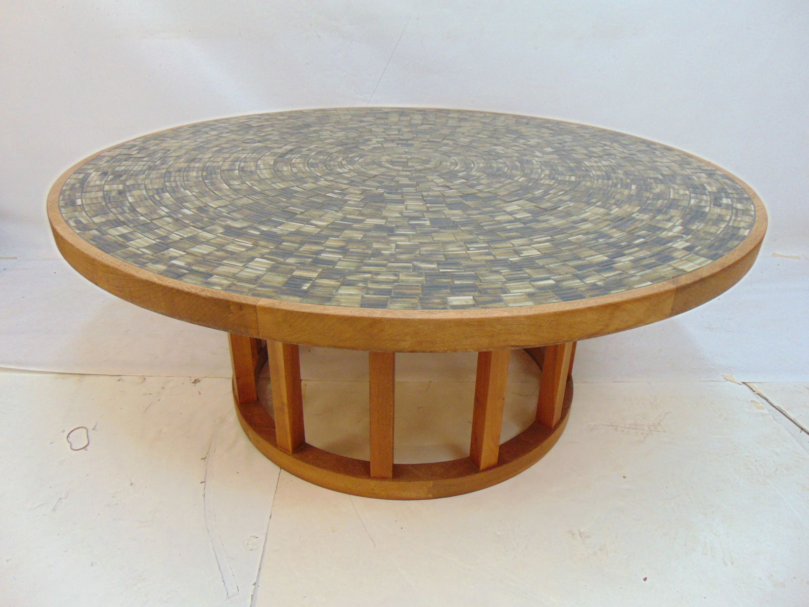 Round mosaic tile top teak base table, Mid Century modern, table is 49" diameter, height is 20" (1 of 6)