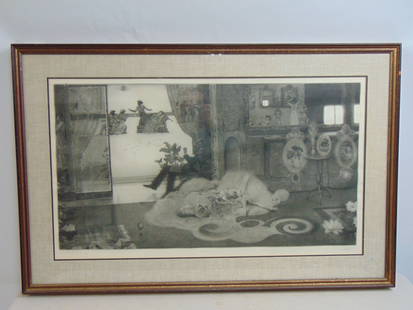 Etching, "Les Belles et la Bete I", signed Peter Milton, edition 13/160, 21" by 36.5" (matting): Etching, "Les Belles et la Bete I", signed Peter Milton, edition 13/160, 21" by 36.5" (matting)