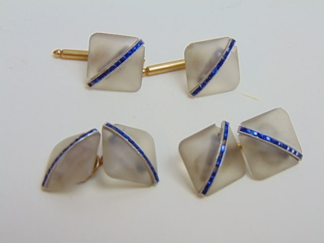 GOLD cufflinks w/ sapphire & crystal, hallmark 14k, some chips. (1 of 4)