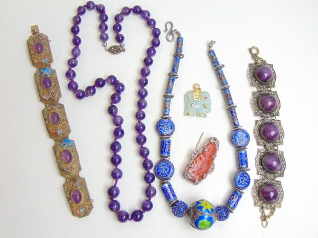 VINTAGE CHINESE JEWELRY to include Amethyst bead necklace w/ silver clasp; silver filigree amethyst (1 of 7)