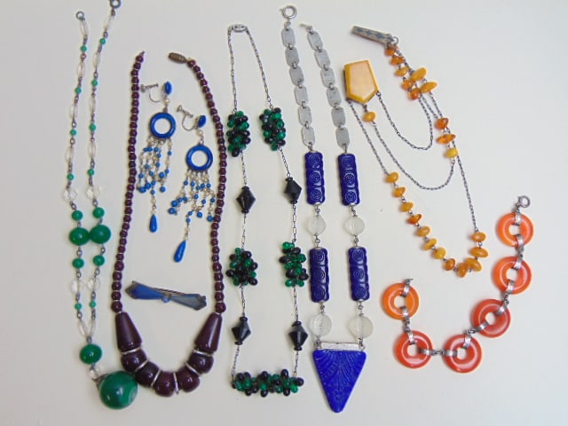 VINTAGE ART DECO & other JEWELRY collection, Baltic Amber chatelain brooch; carved lapis & crystal (1 of 10)