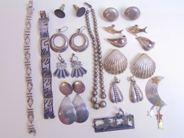 Signed MEXICAN STERLING JEWELRY lot, TAXCO 14 pc, 2 bracelets; 8 pairs of earrings; 2 pins; 1 (1 of 15)