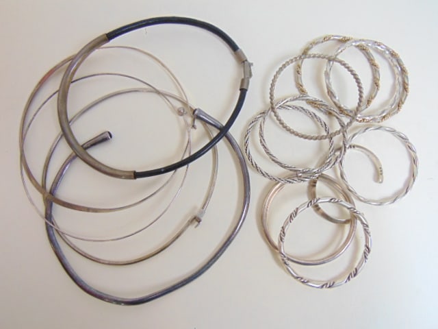 STERLING JEWELRY 10 sterling bangles, 1 Navajo sterling cuff sgd. Tim Guerro & 5 sterling choker (1 of 8)