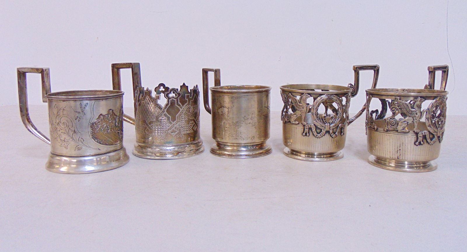 Russian & German silver cup holders, 3 Russian cups marked "84" & pair matching German, '800 silver, (1 of 13)