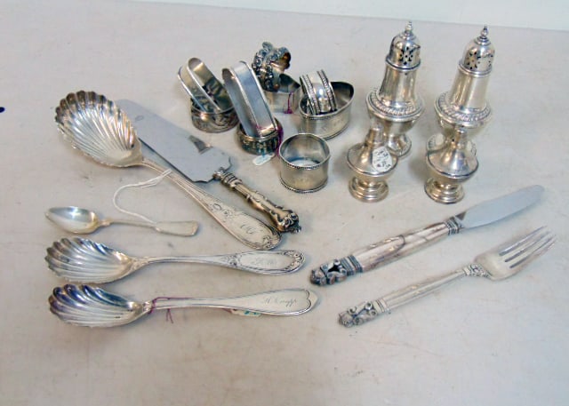 Lot sterling & coin silver, including Georg Jensen knife & fork, napkin rings, salt & pepper (1 of 4)