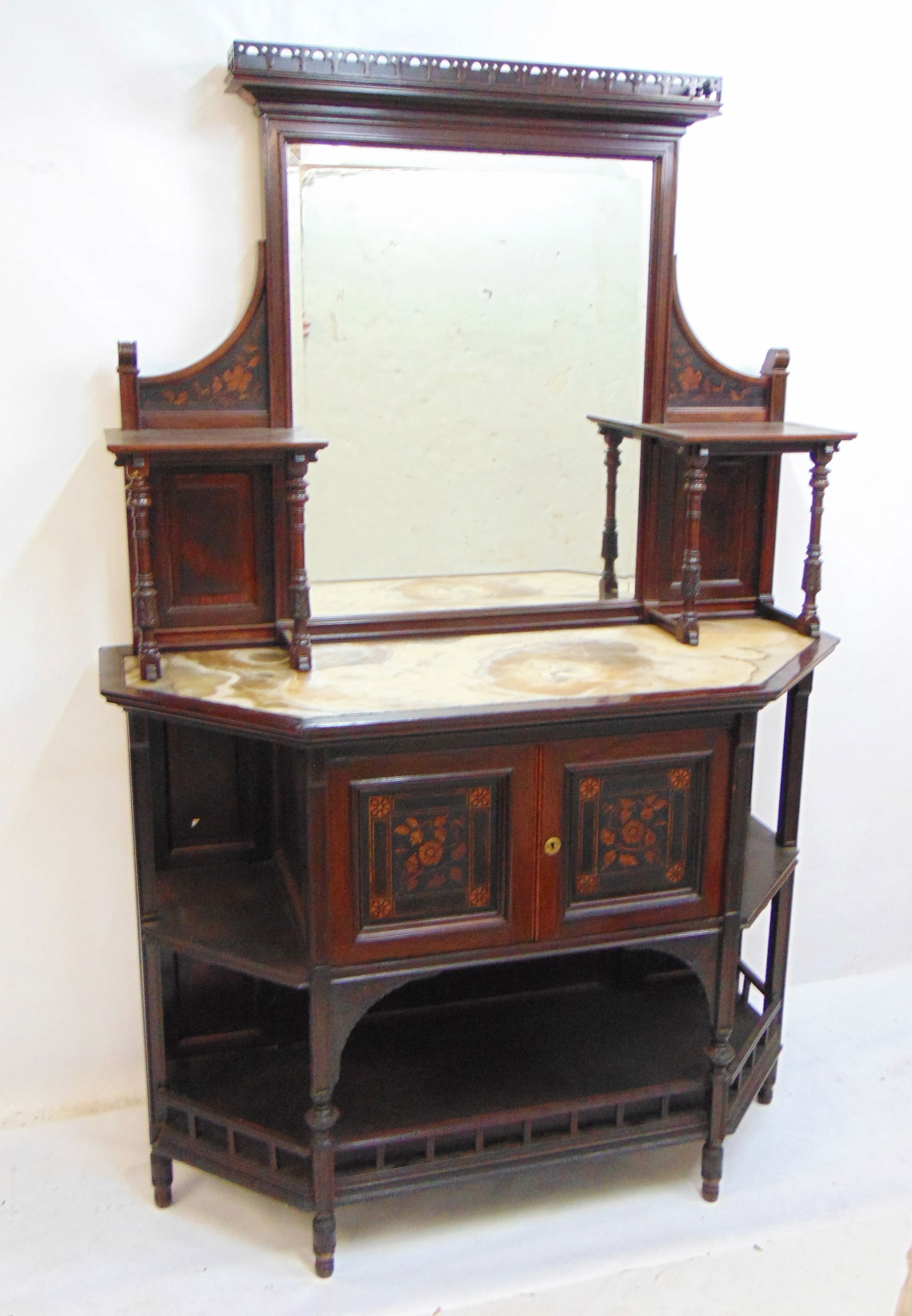 Inlaid rosewood cabinet with onyx top and upper gallery, large beveled mirror in center, floral (1 of 9)