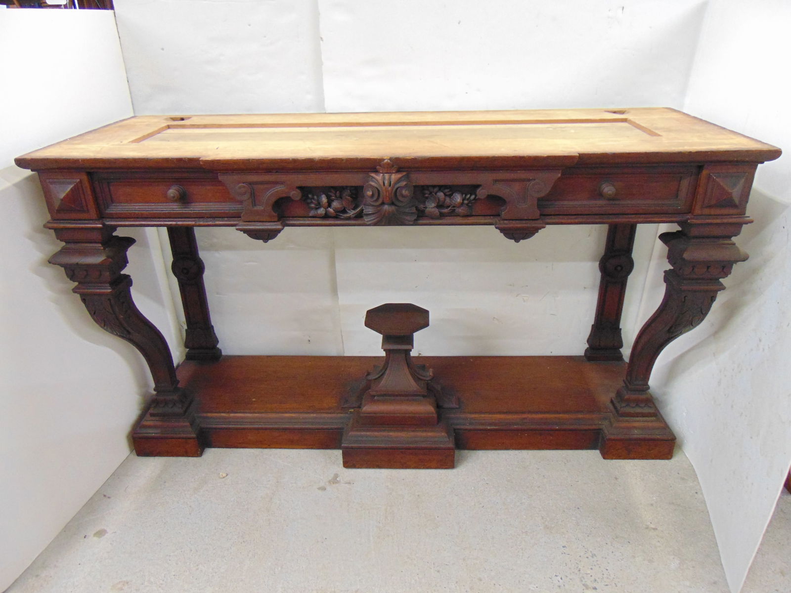Herter Brothers pier or console table in oak, signed, with carved base & large drawer, table is (1 of 5)