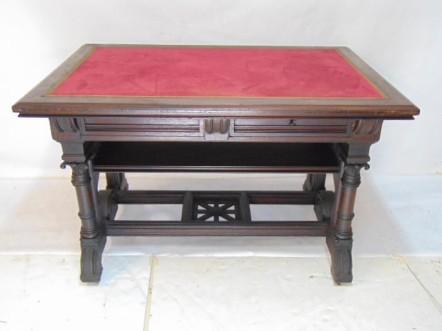 Victorian partners desk on carved base with lower shelf, red fabric (velvet ?) top, desk is 48" by: Victorian partners desk on carved base with lower shelf, red fabric (velvet ?) top, desk is 48" by 32", height is 29.25"