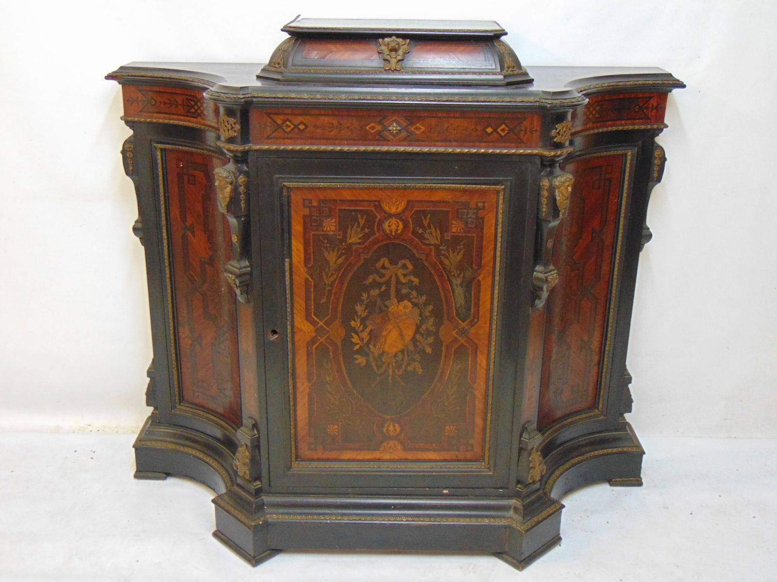 Marquetry inlaid credenza, ebonized & inlaid detail, bronze trim, cabinet is 49.5" long, 17.5" deep, (1 of 7)
