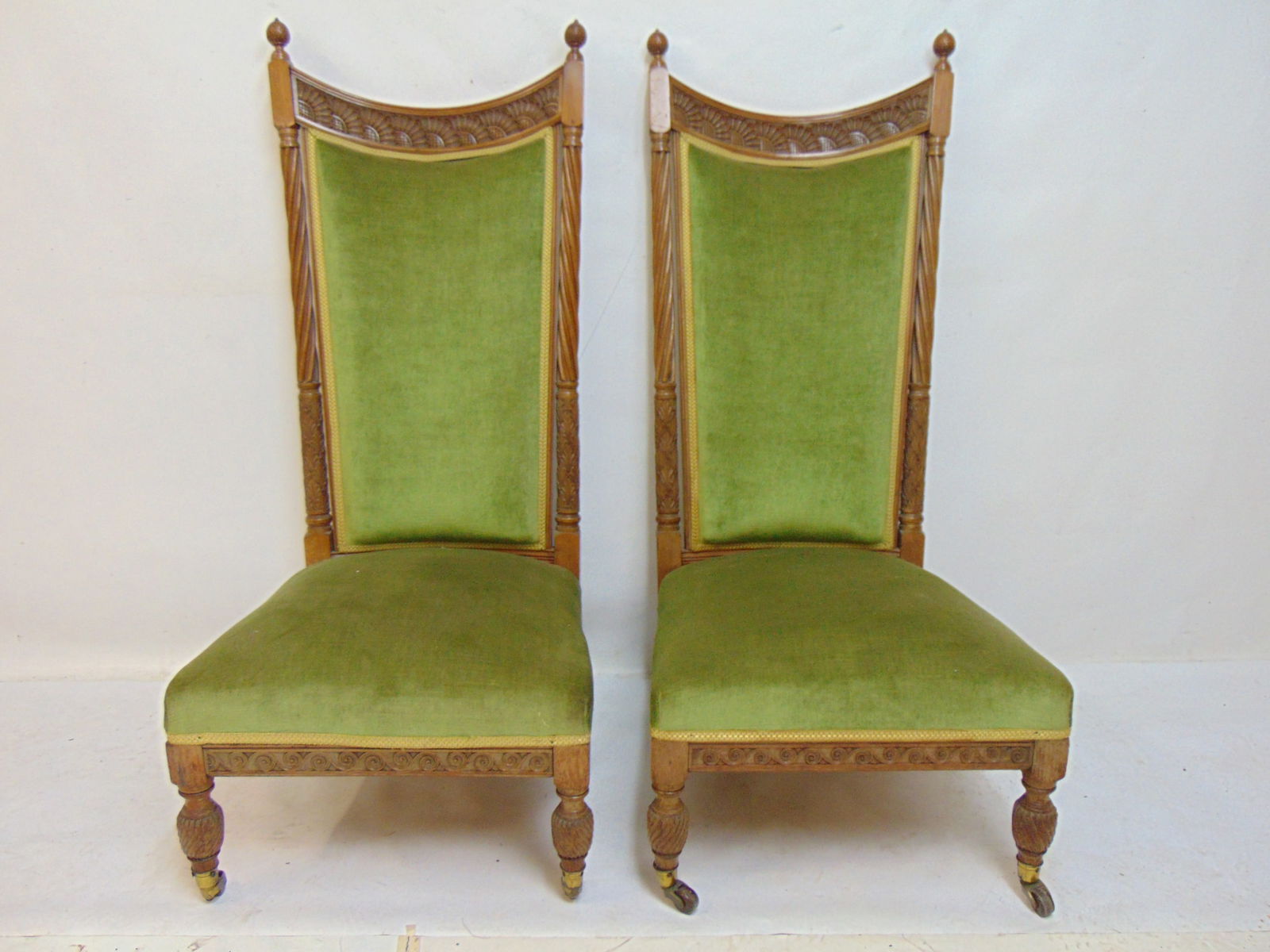 Pair slipper chairs, possibly by George Faulkner Armitage, carved frames in green upholstery, chairs (1 of 7)