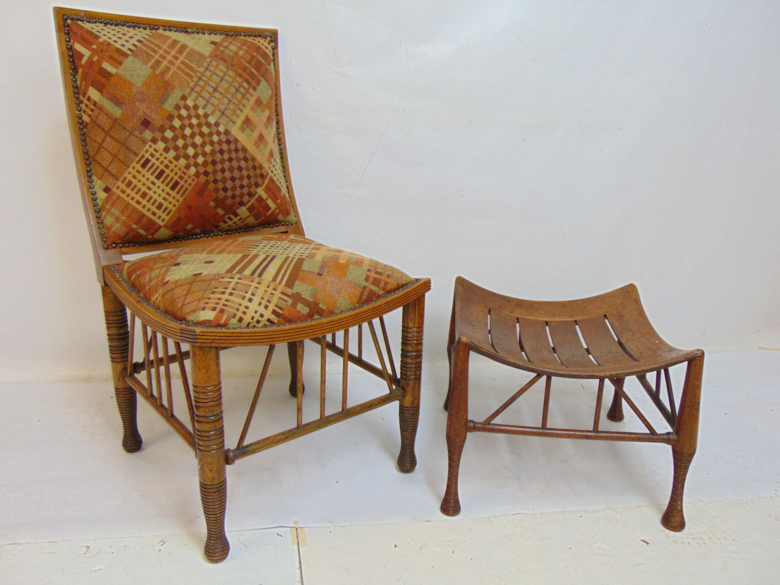 Rare Jugendstil side chair & stool by Adolf Loos, carved oak, chair is upholstered, right side seat (1 of 7)