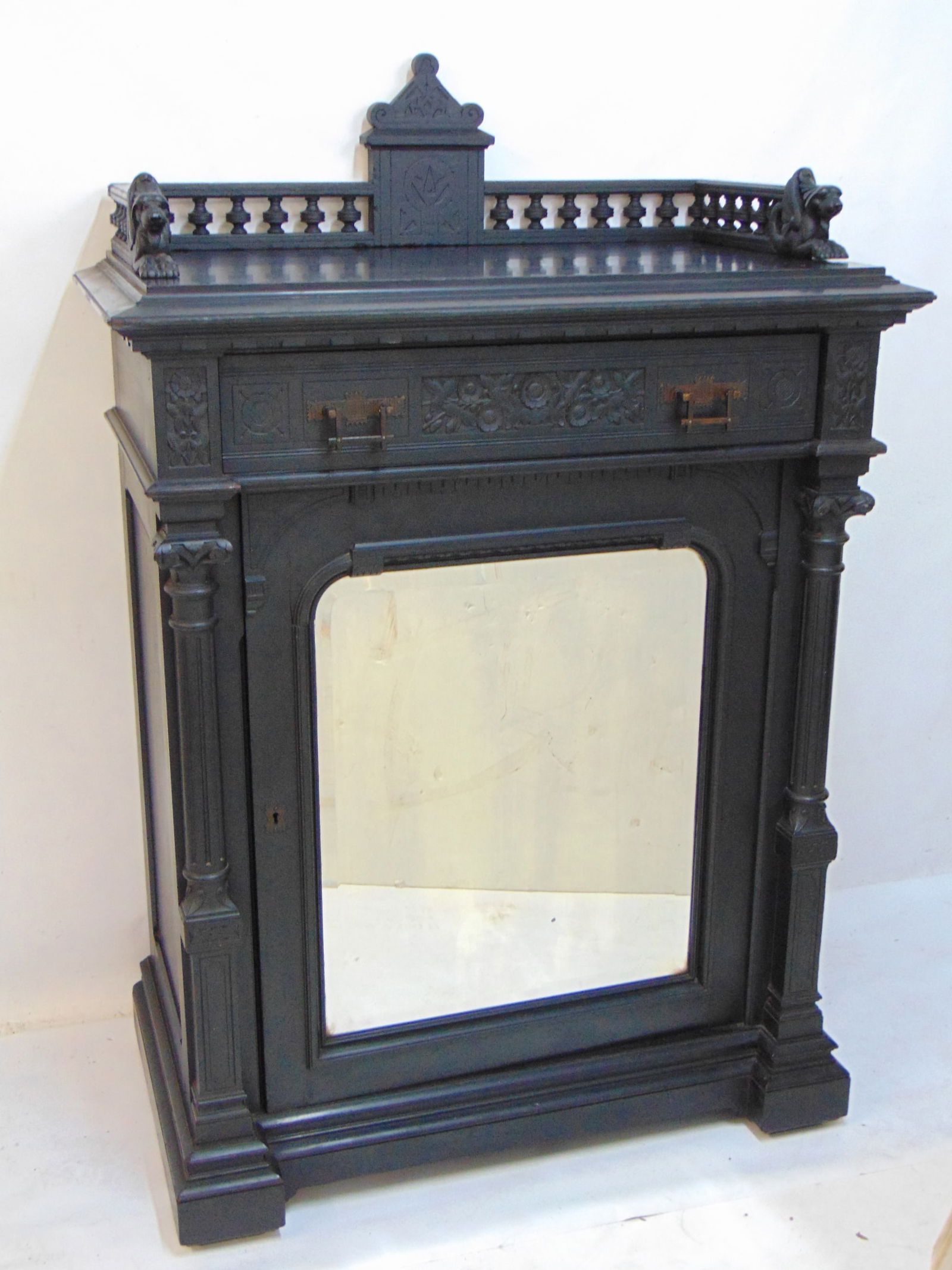 Victorian ebonized music cabinet with carved gallery & mirrored door, drawer has carved floral (1 of 6)